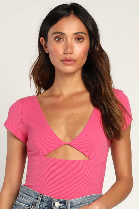 Hot Pink Bodysuit Ribbed Bodysuit Cutout Bodysuit Lulus