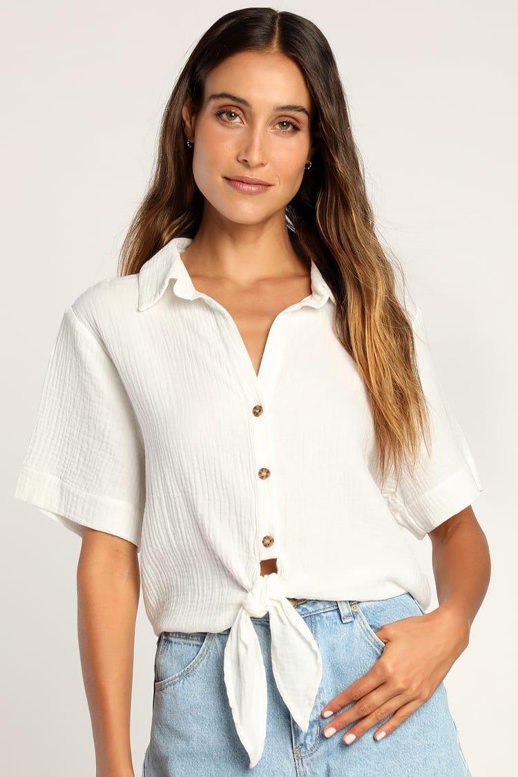 White Button Up - Tie Front Button-Up - Slightly Cropped Blouse - Lulus