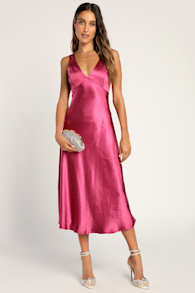 Incredible Love Magenta Satin Cowl Back Midi Slip Dress 2