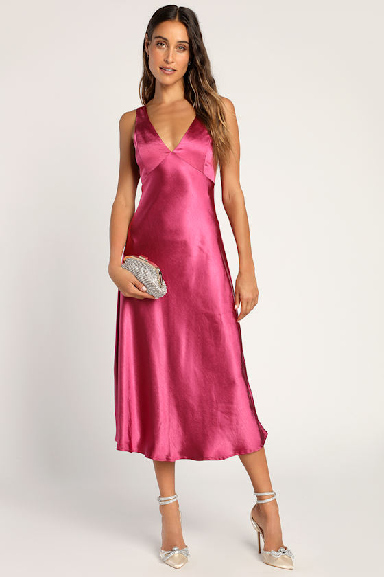 Incredible Love Magenta Satin Cowl Back Midi Slip Dress 2