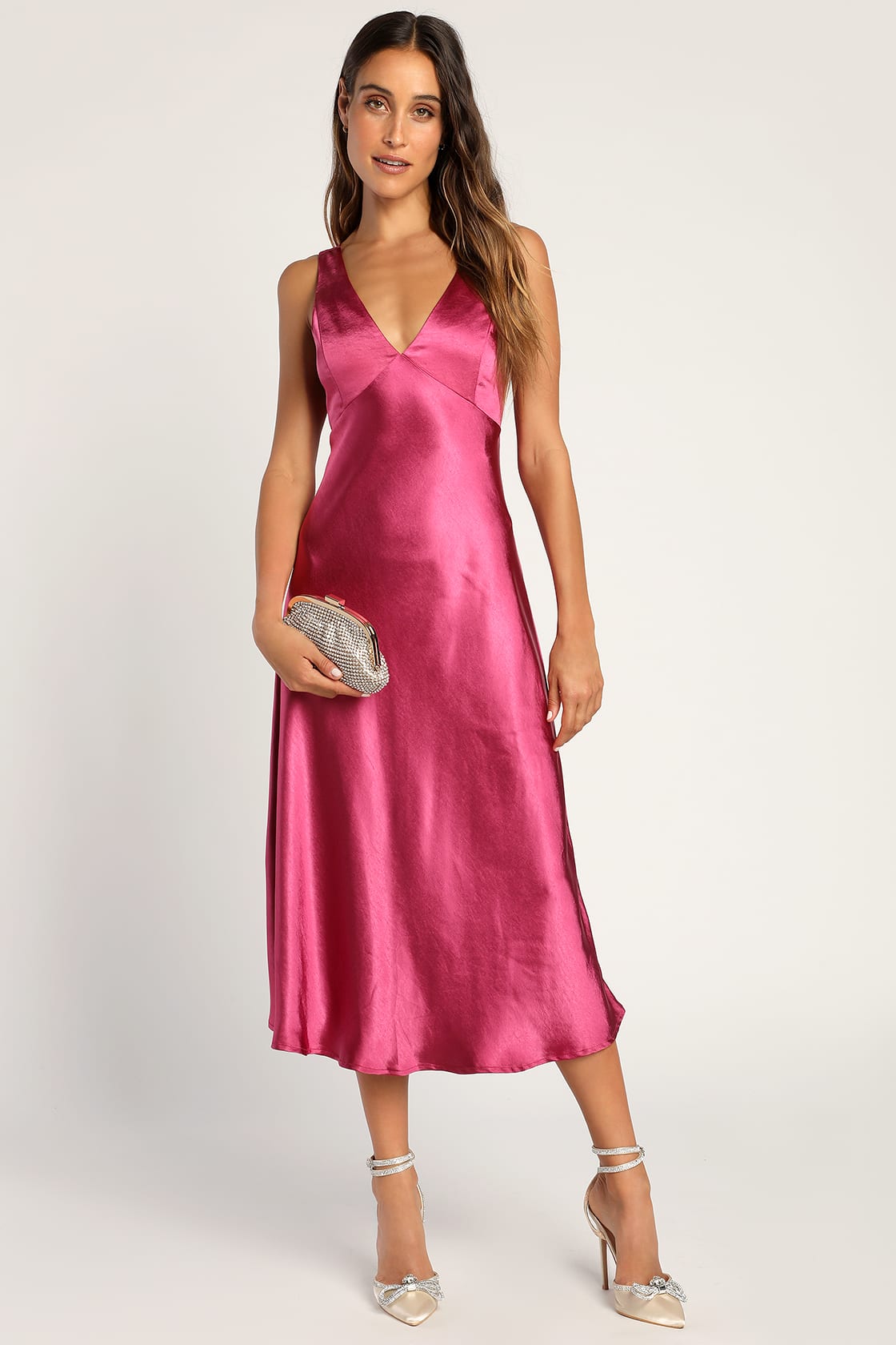 Incredible Love Magenta Satin Cowl Back Midi Slip Dress