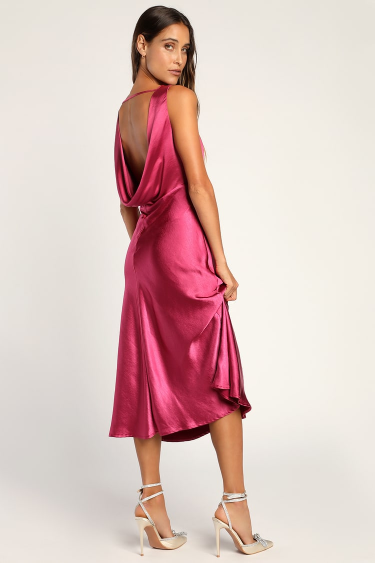 Incredible Love Magenta Satin Cowl Back Midi Slip Dress
