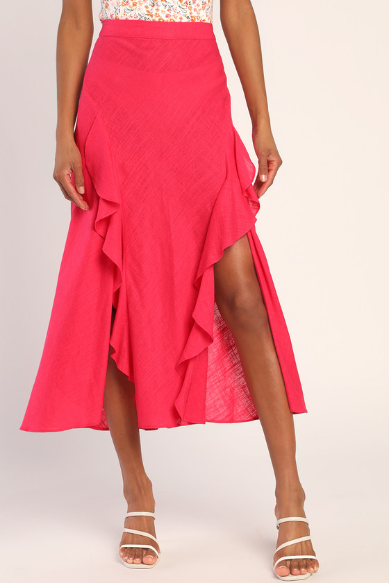 Hot Pink Midi Skirt - Ruffled Skirt - High Rise Slit Midi Skirt - Lulus