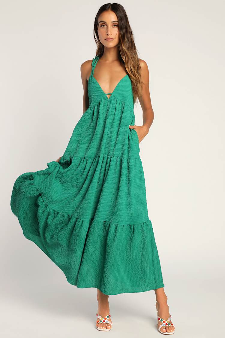 Green Midi Dress - Tie-Strap Dress - Tiered Midi Dress - Lulus