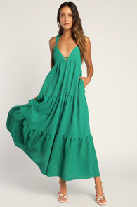 Let the Sun Beam Green Tie-Strap Tiered Midi Dress With Pockets