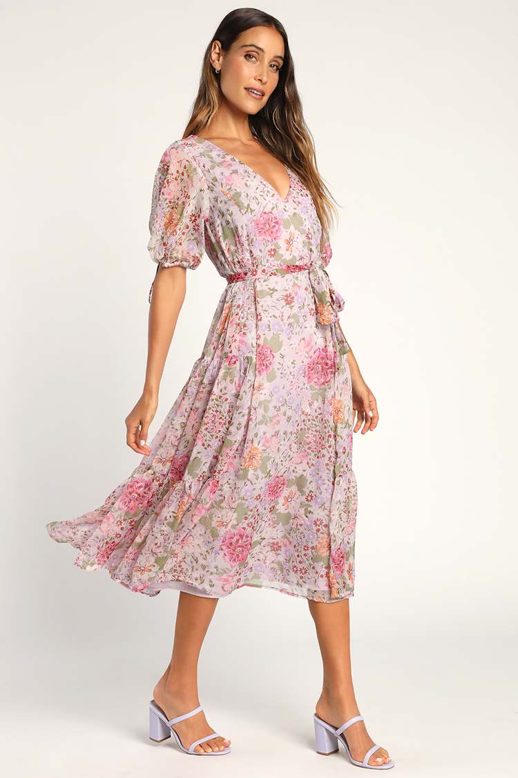Lavender Floral Midi Dress - Puff Sleeve Dress - Chiffon Dress - Lulus