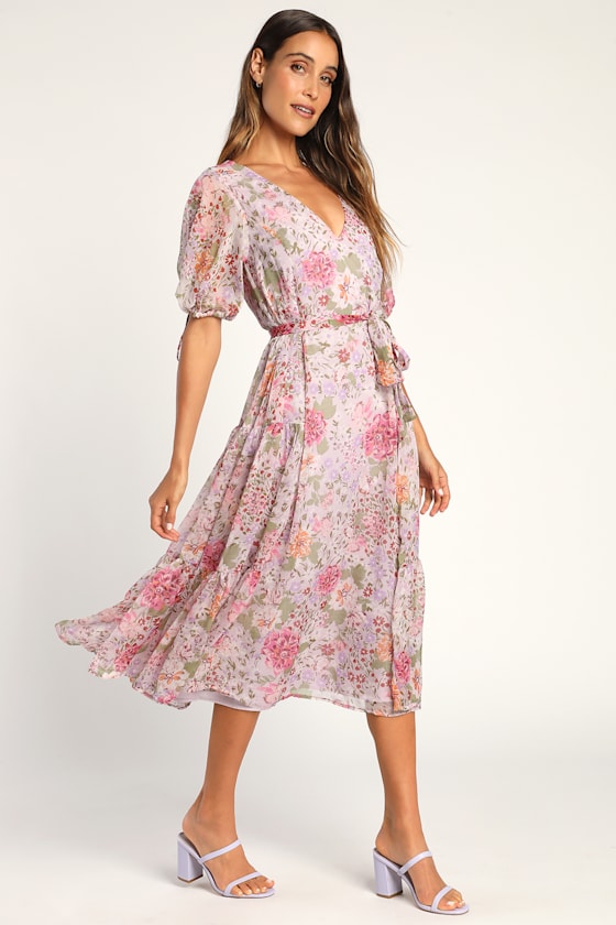 Lavender Floral Midi Dress Puff Sleeve Dress Chiffon Dress Lulus
