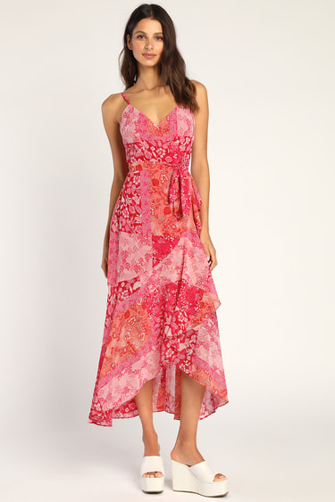 Divinely Darling Pink Print Faux-Wrap High-Low Midi Dress
