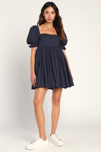 A Day in Paris Navy Blue Square Neck Puff Sleeve Babydoll Dress