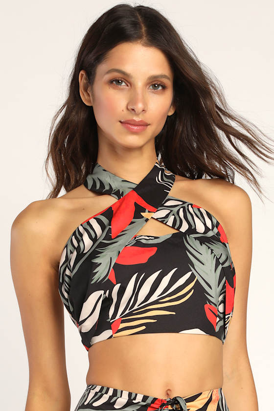 Tropical Vibes Black Tropical Print Backless Halter Crop Top 1