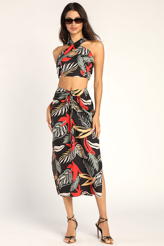 Tropical Vibes Black Tropical Print Slit Midi Skirt 1