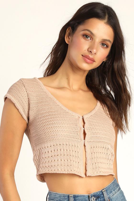 Taupe Crochet Top Short Sleeve Crochet Top Cardigan Top Lulus