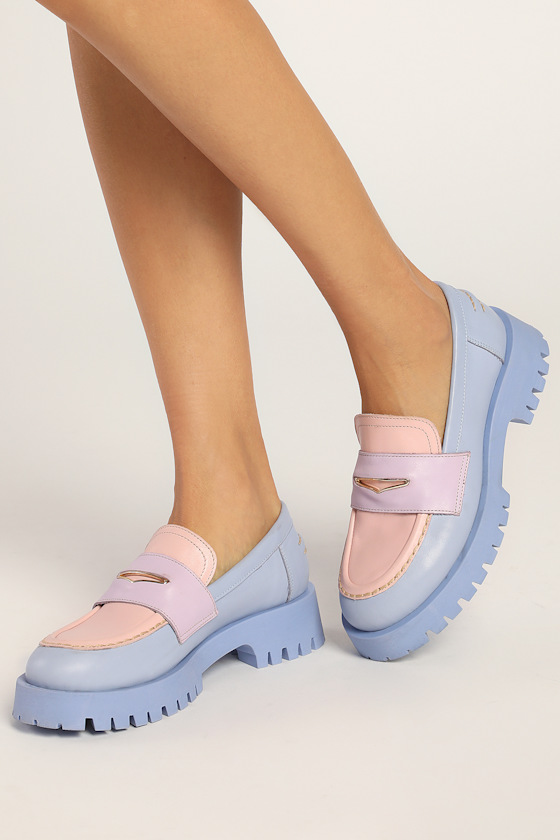 Lawrence Baby Blue and Pink Color Block Leather Flatform Loafers 1