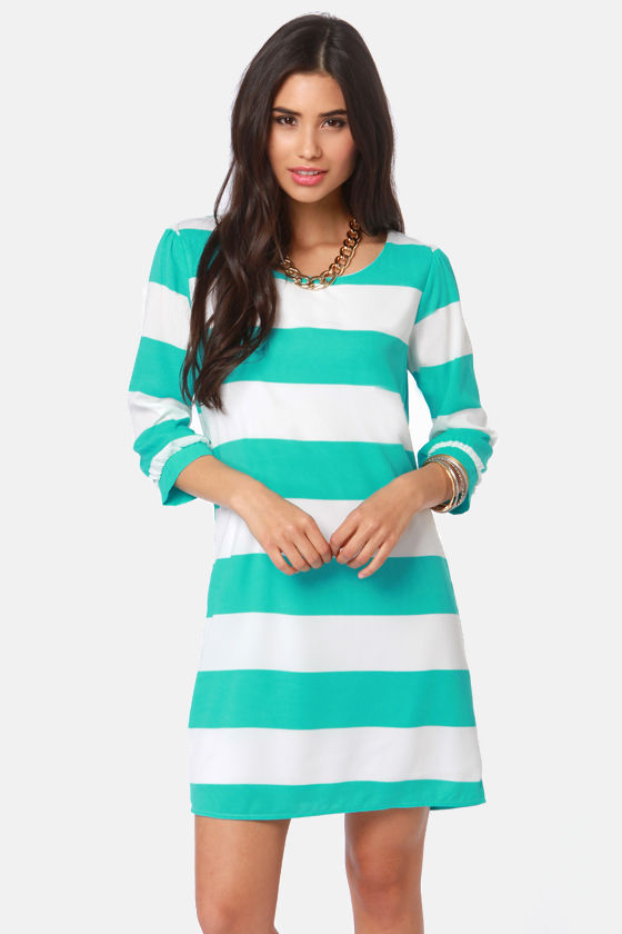 Cute Aqua and White Dress - Shift Dress - Striped Dress - $40.00 - Lulus