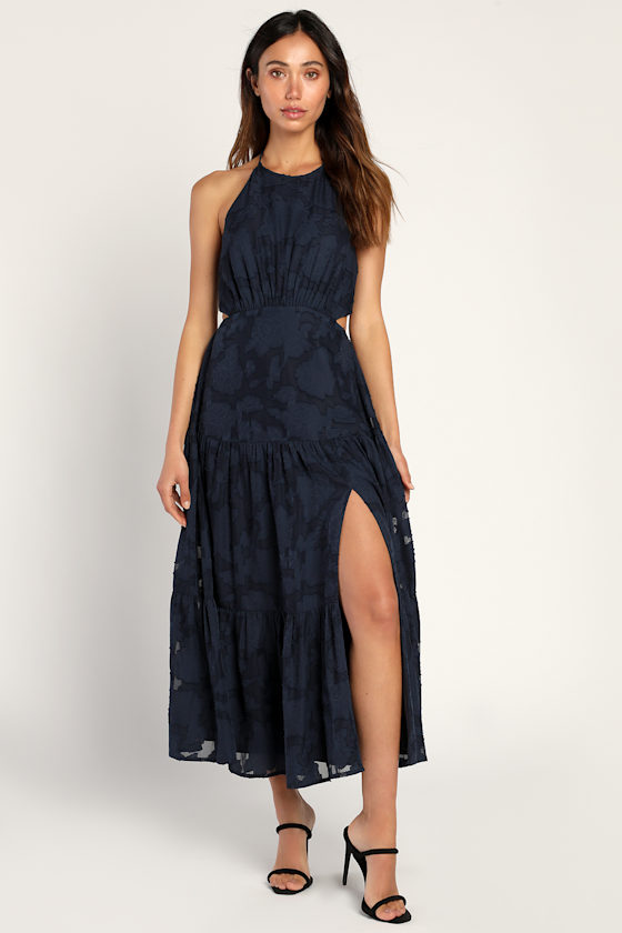 Romantic Mystique Navy Blue Burnout Floral Tiered Midi Dress 1