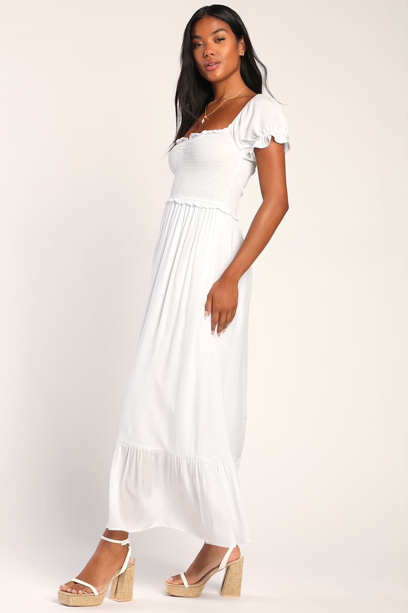 White Print Dress - Ruffled Maxi Dress - Puff Sleeve Dress - Lulus