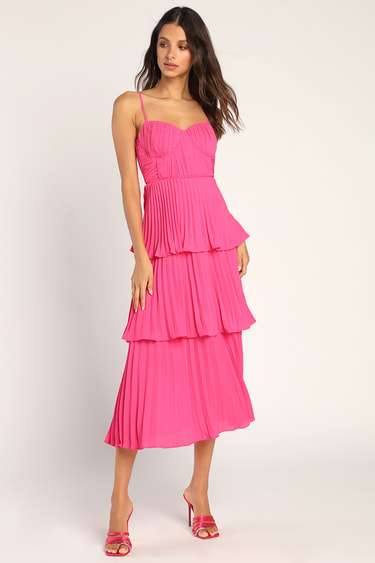 Cascading Crush Hot Pink Tiered Bustier Midi Dress