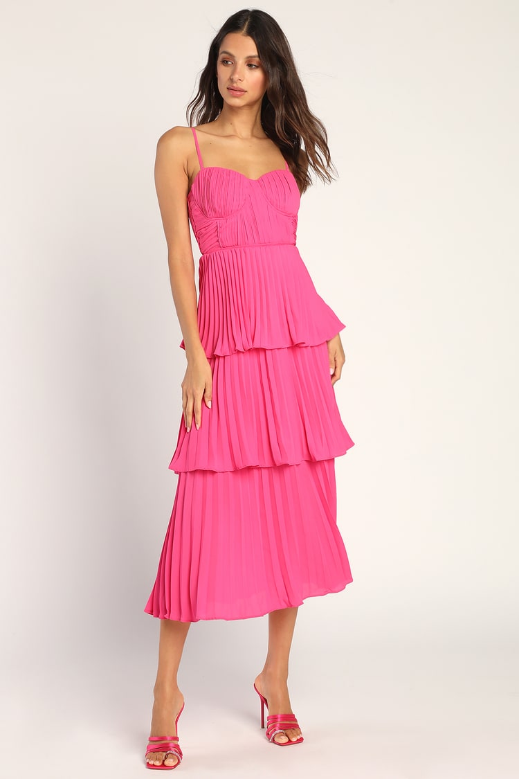 Pink Midi Dress - Tiered Pleated Midi Dress - Bustier Midi Dress