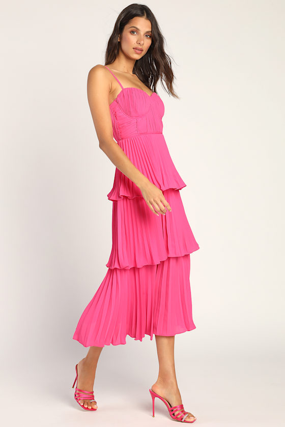 Pink Midi Dress - Tiered Pleated Midi Dress - Bustier Midi Dress - Image 3