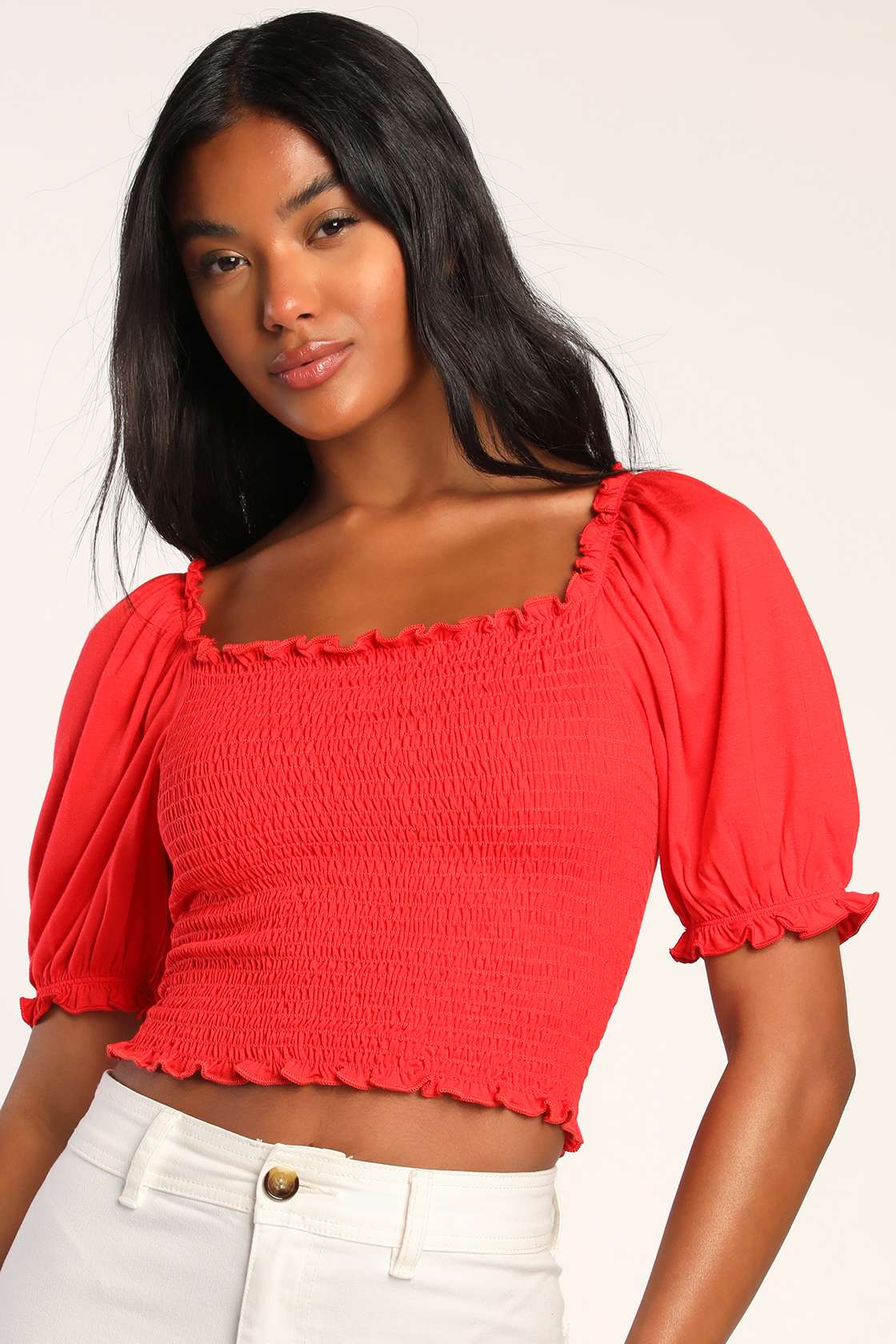Red Smocked Top Puff Sleeve Top Cute Smocked Crop Top Lulus