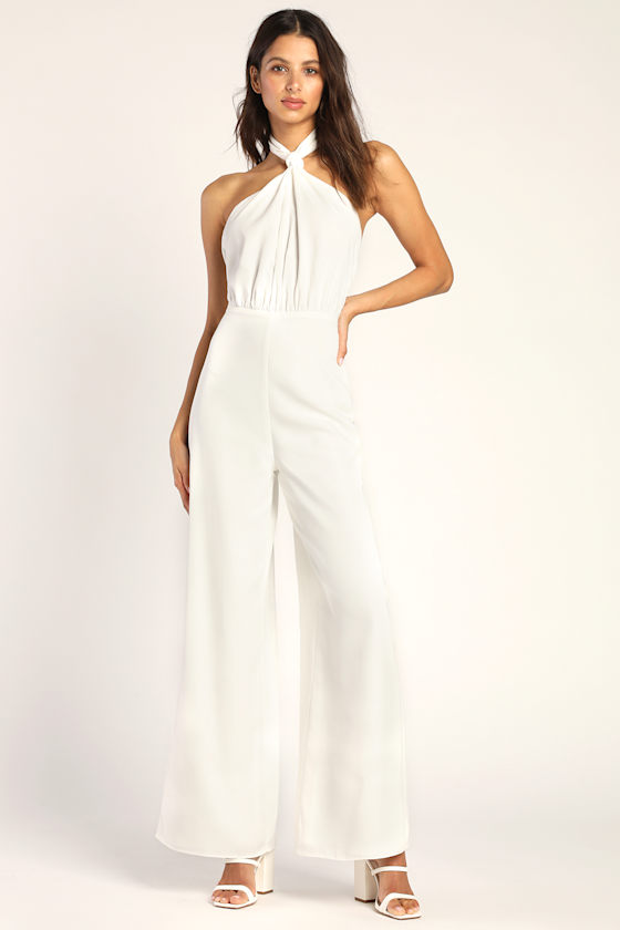 Epitome of Elegant White Knotted Halter Wide-Leg Jumpsuit 2