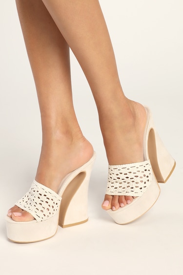 Lydie Cream Suede Woven High Heel Platform Sandals