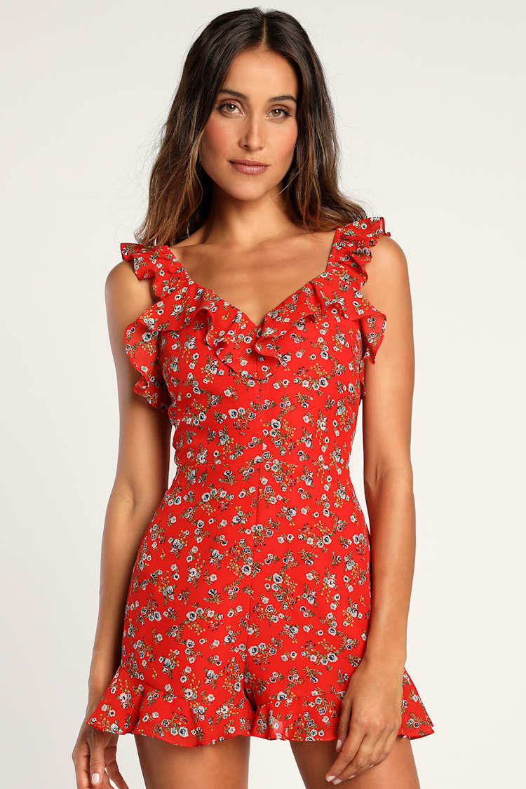 Red Floral Print Romper - Ruffled Romper - Open Back Romper - Lulus