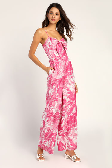 Blissful in Bali Pink Tropical Print Tie-Front Jumpsuit