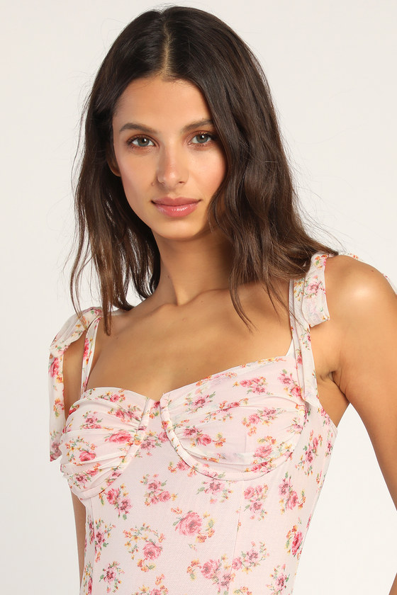 Pink Bustier Bodysuit - Tie-Strap Bodysuit - Mesh Bodysuit