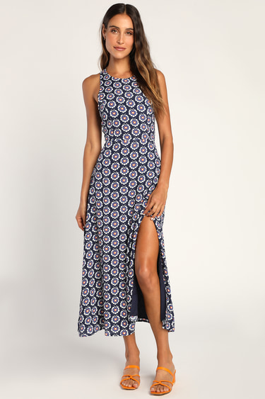 Flirty Fave Navy Blue Boho Print Tie-Back Midi Dress