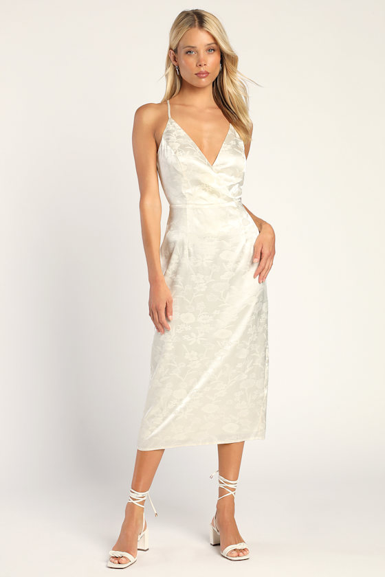 Elegant Essence Cream Floral Print Satin Midi Dress 1