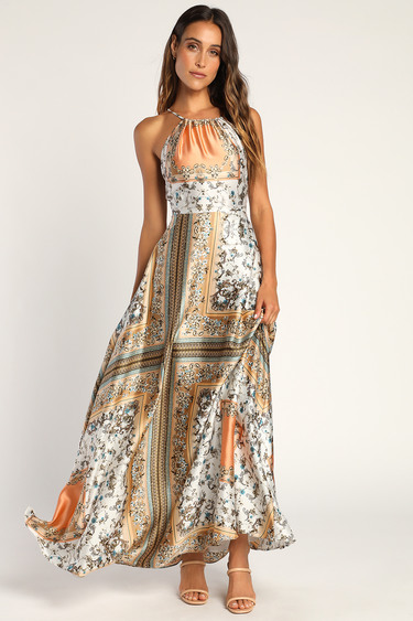 Divinely Inspired White Scarf Print Satin Backless Maxi Dress