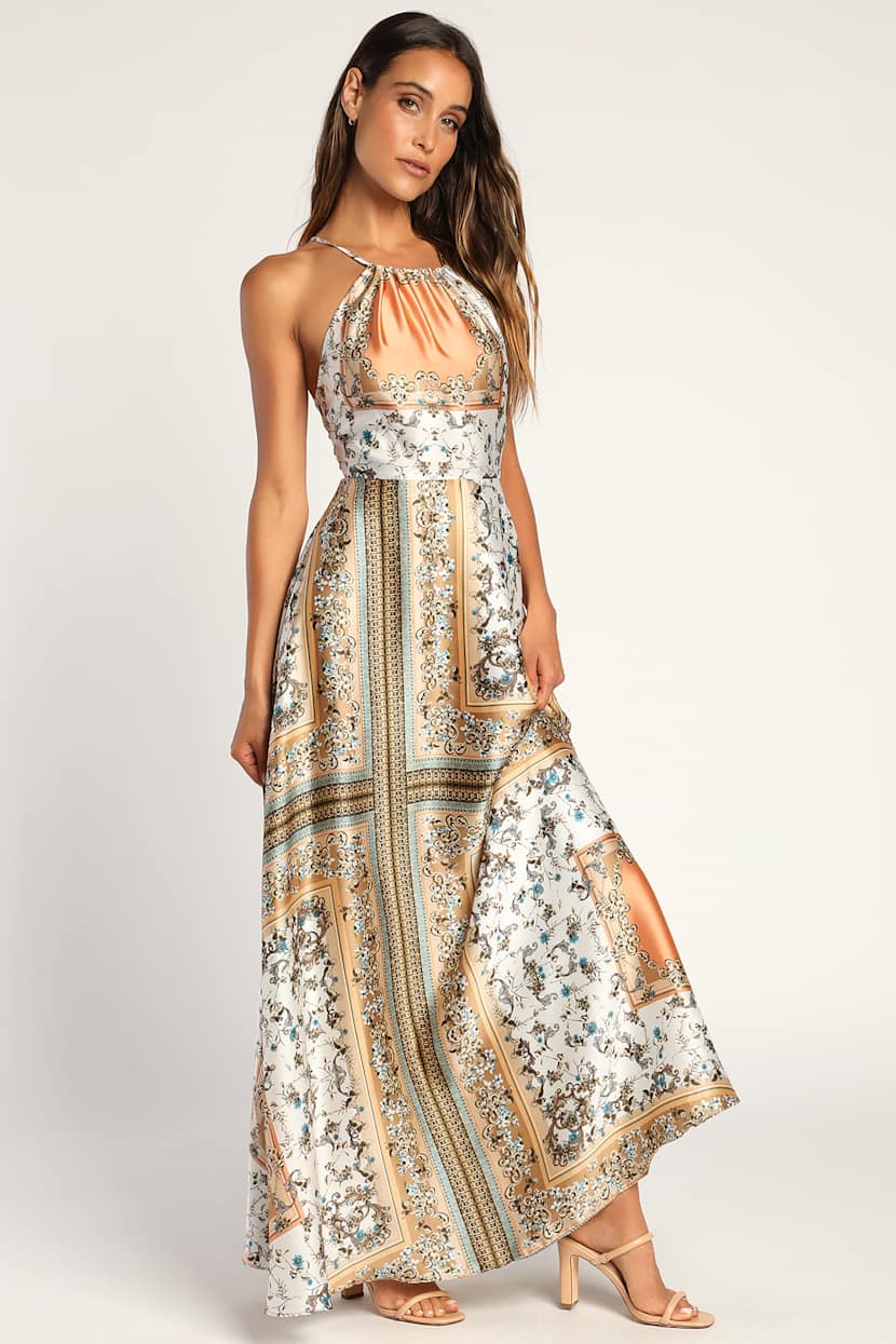 chinese dress ladies Nur Long Sleeve Flared Maxi Dress with Scarf in Leopard – RI MI main image 1
