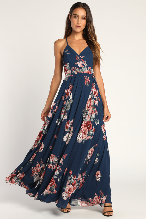 Navy Blue Floral Print Dress - Floral Wrap Dress - Maxi Dress - Lulus