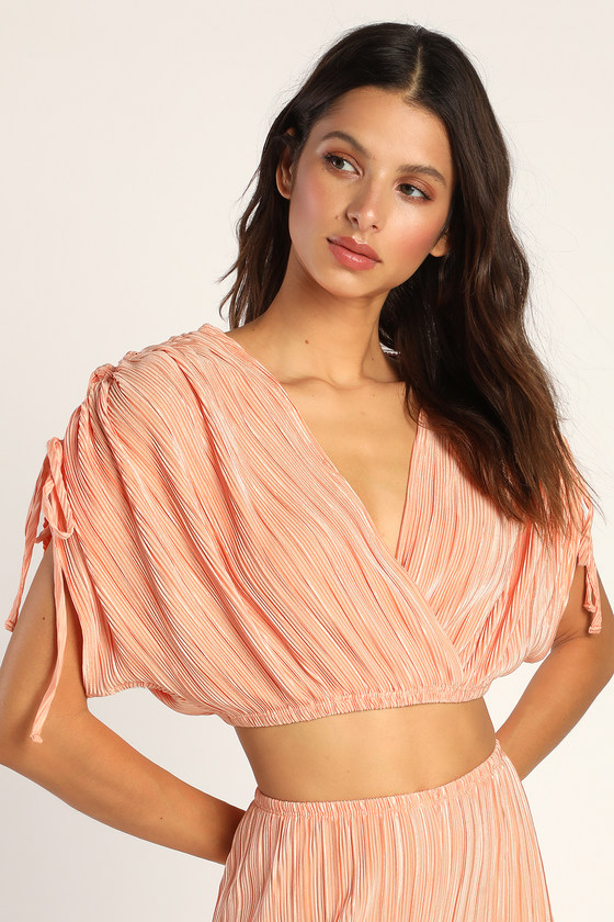 Peach Plisse Top - Short Sleeve Plisse Top - Ruched Pleated Top - Lulus