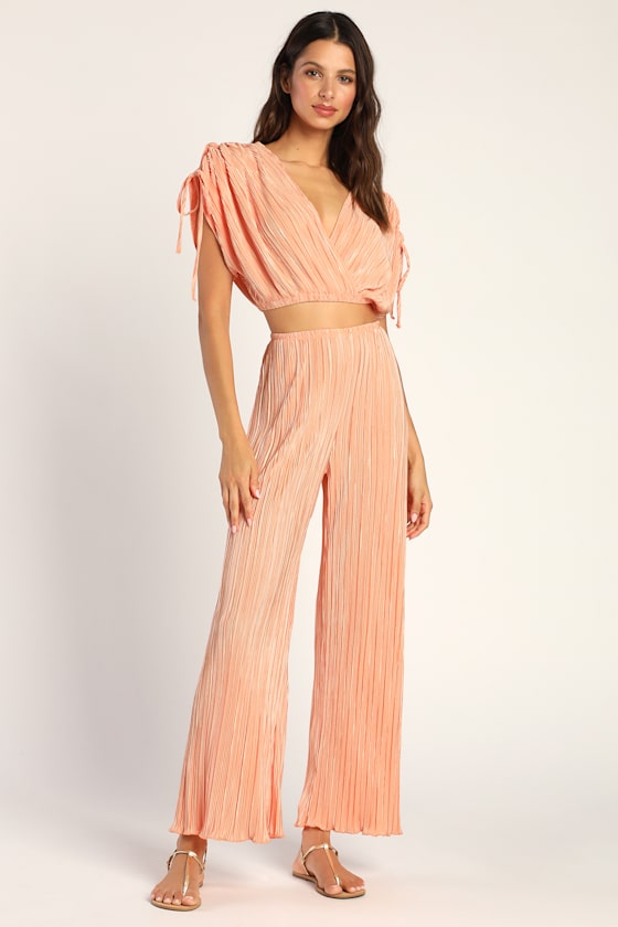 [送料込] peach napping wide pants (2color) Peach Wide-Leg Pants - Slinky Plisse Pants - Pleated Plisse