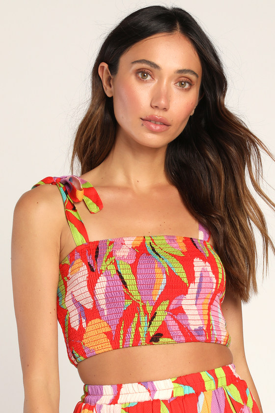 Red Multi Print Top - Tie-Strap Top - Smocked Crop Top - Lulus