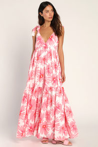 Lovely Days White Pink Floral Print Tie-Strap Tiered Maxi Dress