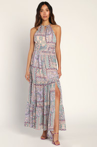 Bohemian Theme Lavender Multi Scarf Print Tiered Maxi Dress