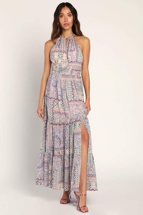 Bohemian Theme Lavender Multi Scarf Print Tiered Maxi Dress 1