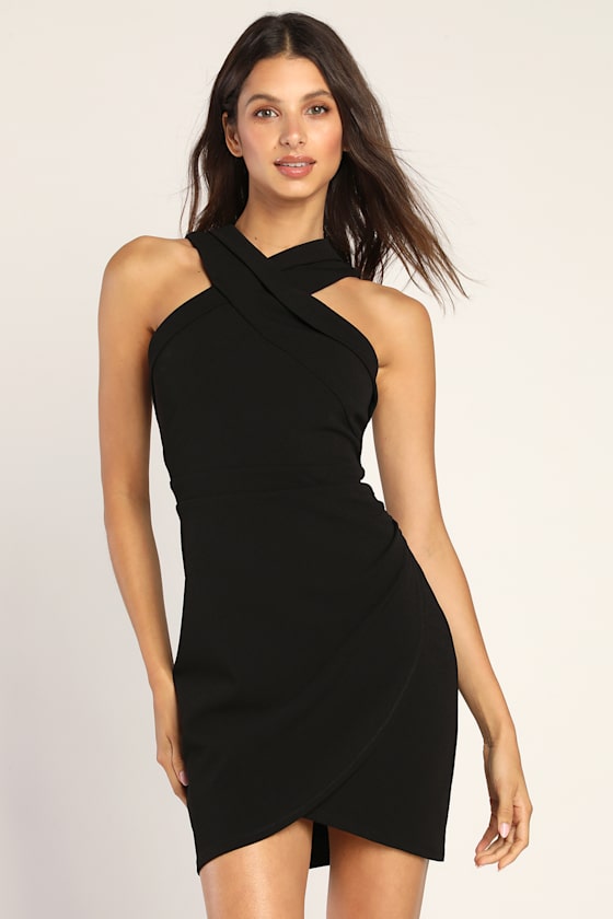 Headed to Cocktail Hour Black Halter Tulip Mini Dress 1