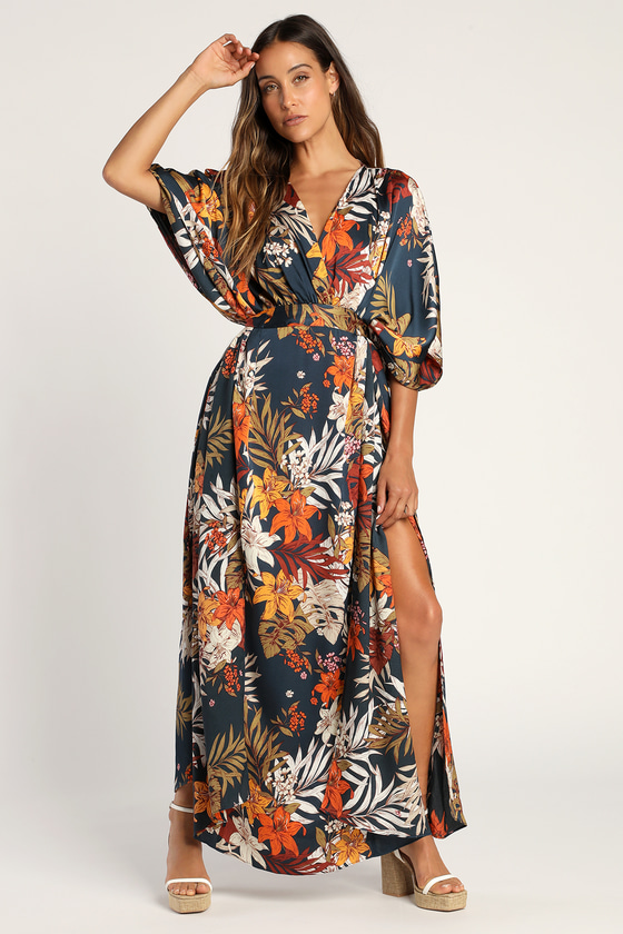 Navy Blue Maxi Dress - Tropical Print Dress - Kimono Sleeve Dress - Lulus
