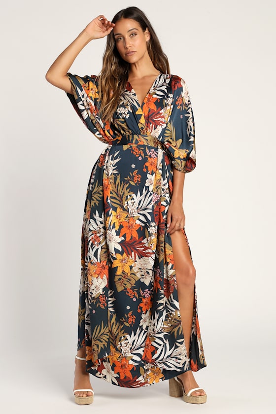 Navy Blue Tropical Print Maxi Dress | Womens | Medium (Available in XS, S) | 100% Polyester | Lulus