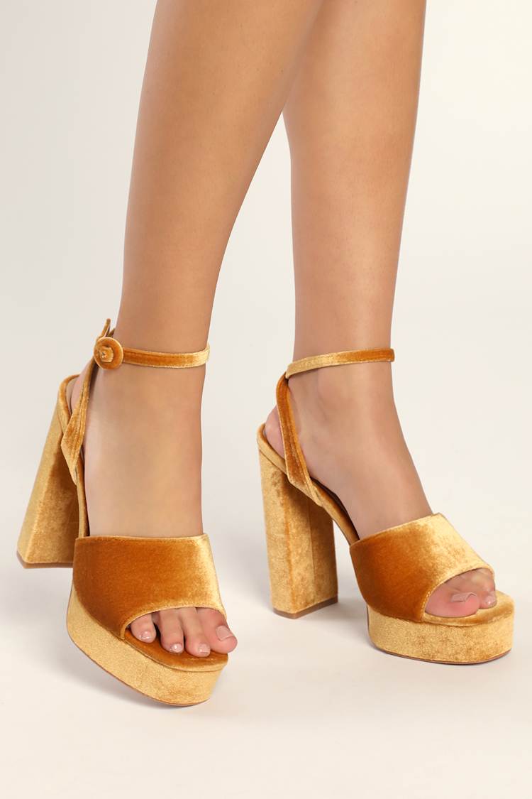 Yellow Platform Heels - Velvet Heels - Ankle Strap High Heels - Lulus