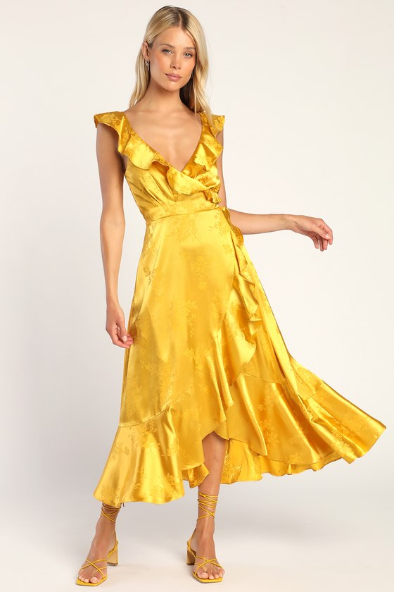 Gold Satin Midi Dress - Faux-Wrap Midi Dress - Jacquard Dress - Lulus