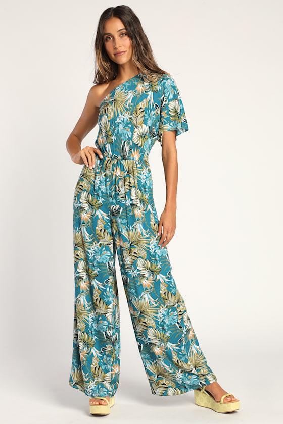 Island Adventures Teal Tropical Print One-Shoulder Jumpsuit 5