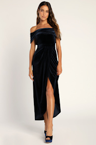 I'm Enchanted Navy Blue Velvet Off-the-Shoulder Maxi Dress 2