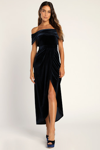 I'm Enchanted Navy Blue Velvet Off-the-Shoulder Maxi Dress 2