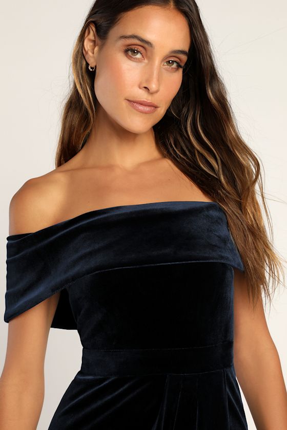 I'm Enchanted Navy Blue Velvet Off-the-Shoulder Maxi Dress 3