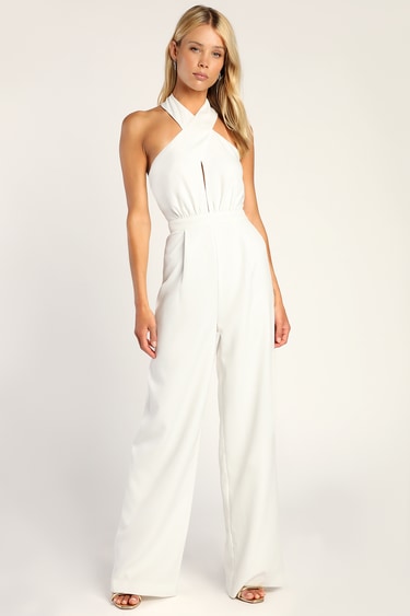 Lucky Luxury White Halter Wide-Leg Jumpsuit